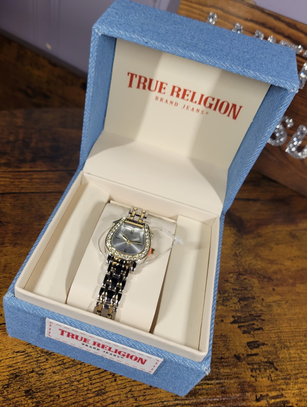True Religion Two-Tone Silver And Gold Crystal Bracelet Watch